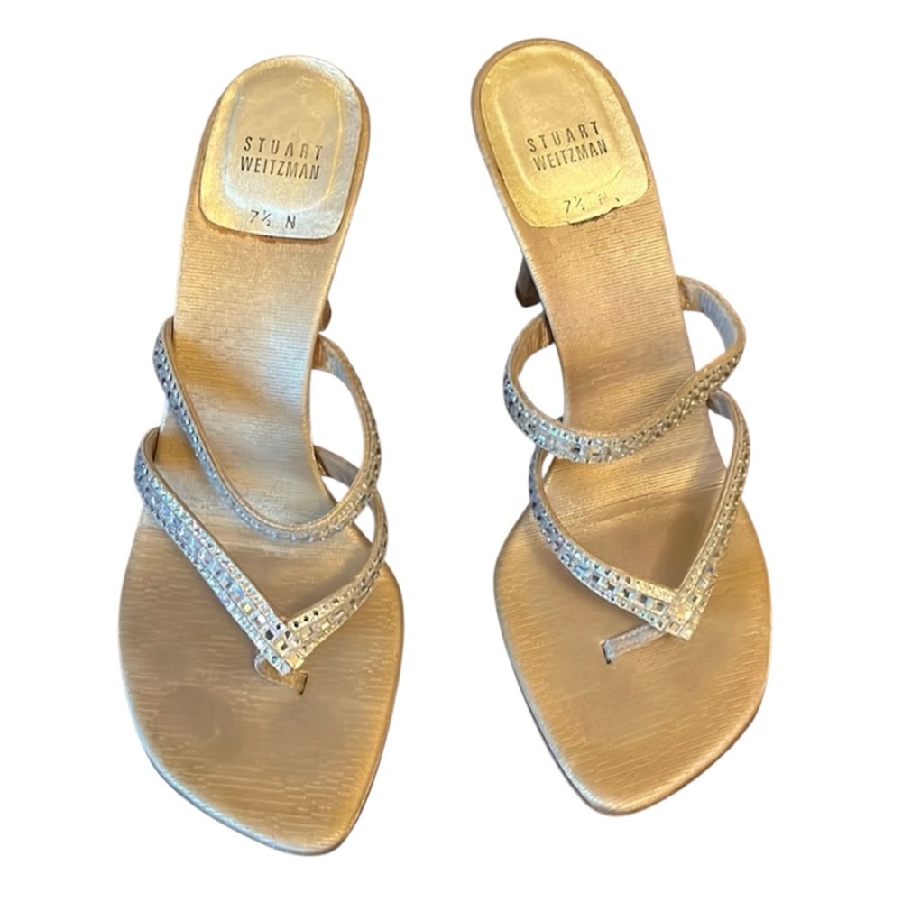 Stuart Weitzman Sequined Slide Thong Heel Gold Si… - image 1